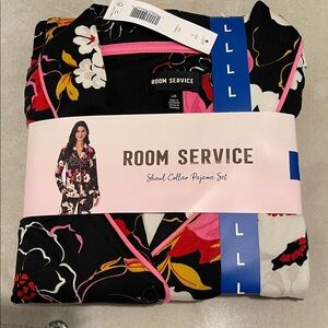 Room Service Floral Shawl Collar Pajama Set - Black and Pink